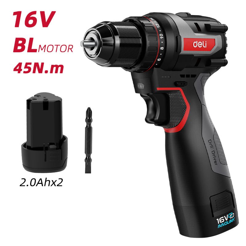 Deli 16V Brushless Motor Lithium-Ion Impact Drill (2) Red