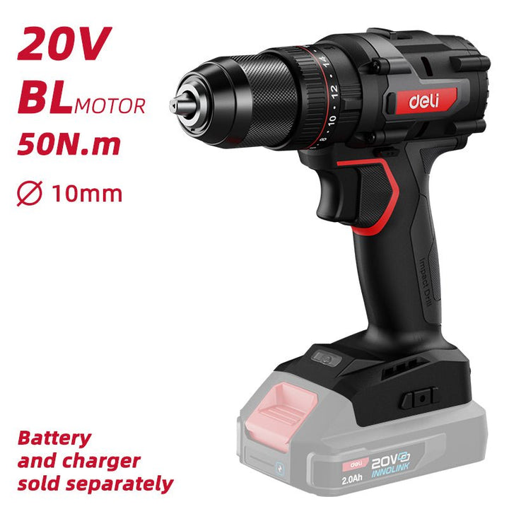 Deli 20V cordless impact drill with BL motor, 50N.m torque, and 10mm chuck. Battery sold separately.