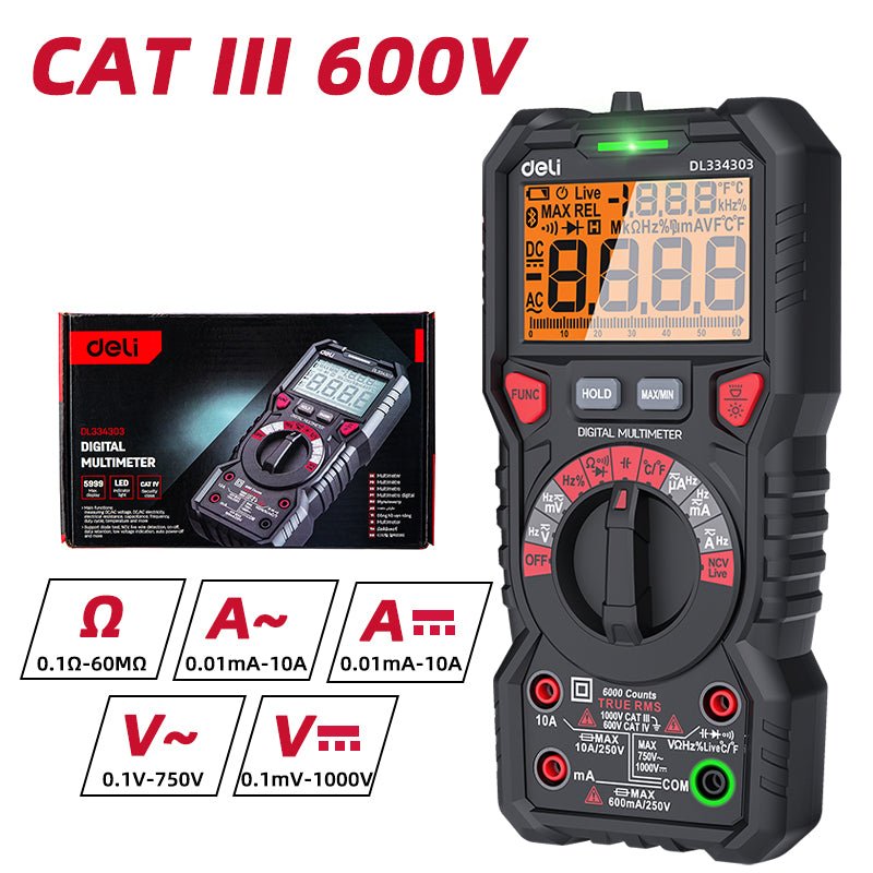 Deli Digital Multimeter (3 5/6 CAT IV 600V) (6K Display) - ساعة فحص