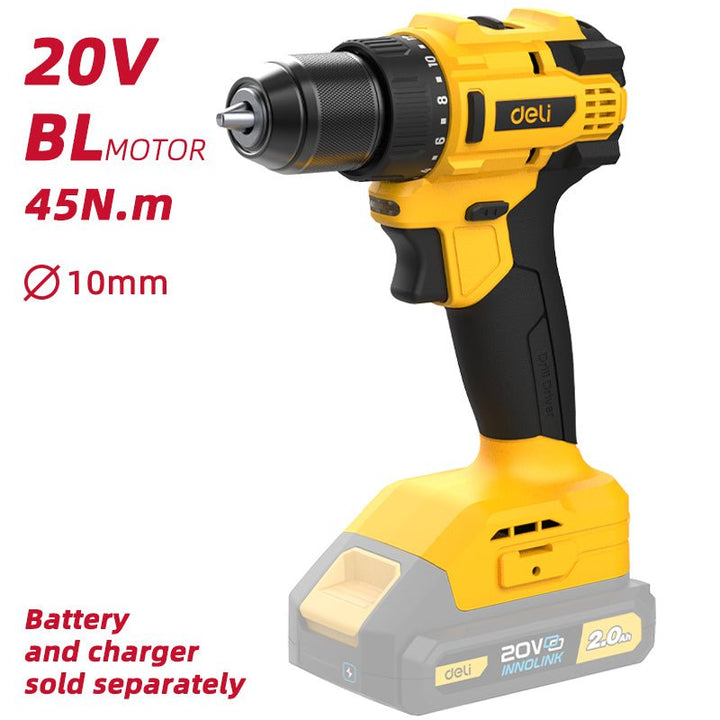 Yellow and black Deli 20V cordless drill with 45N.m torque and 10mm chuck. Battery and charger sold separately.