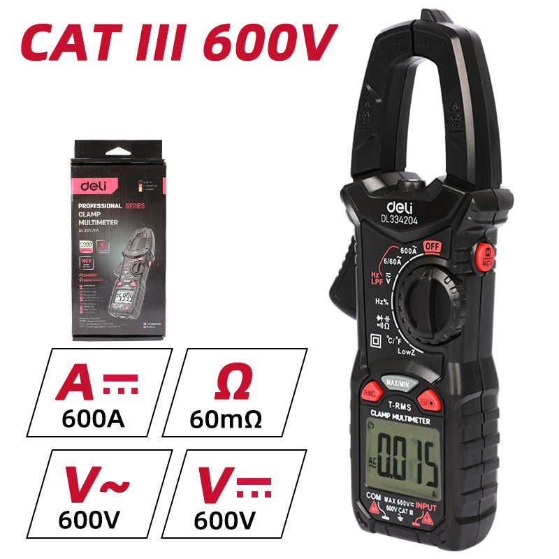 Deli Clamp-On Digital Multimeter (CAT III 600V) (Red Series) (6K Display) - كلامبميتر ديجيتال
