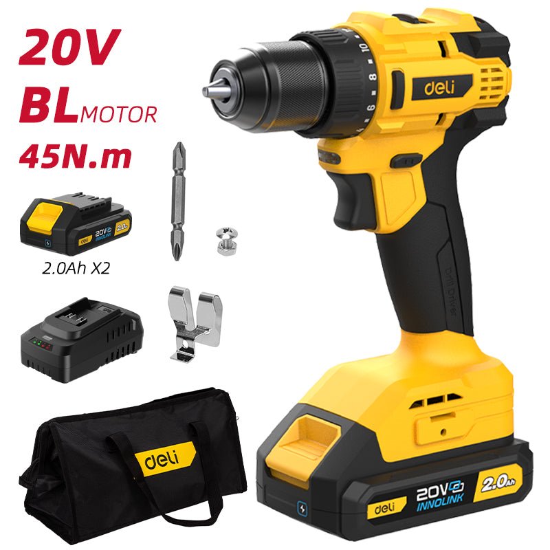Deli 20V Cordless Drill Driver with 2.0Ah batteries, charger, bit, screw, belt clip and carrying bag.