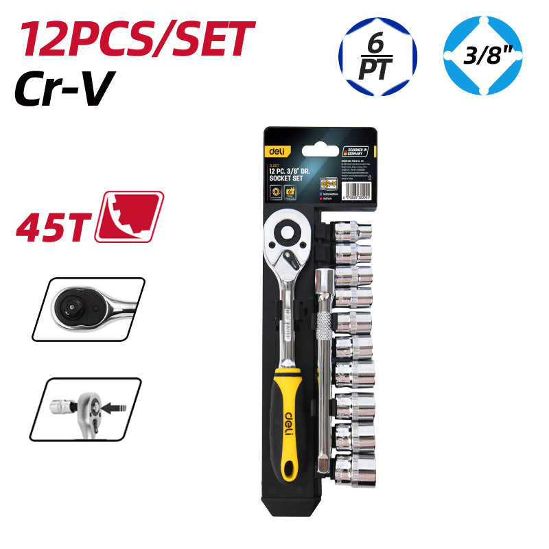 12Pcs 3/8" Socket Set w Ratchet Handle 10-24mm