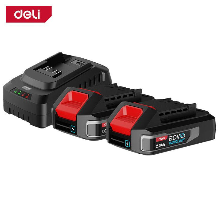 Deli 20V Lithium-ion Battery and Charger Set Red Series (2.0Ah x2) - (2) شاحن + بطاري