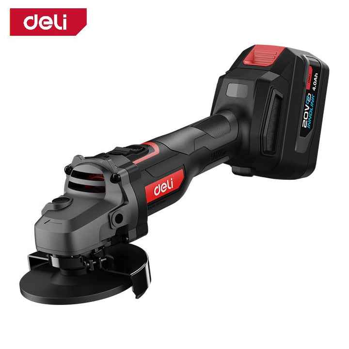 Deli 20V cordless angle grinder with 4.0Ah battery, black and red finish.