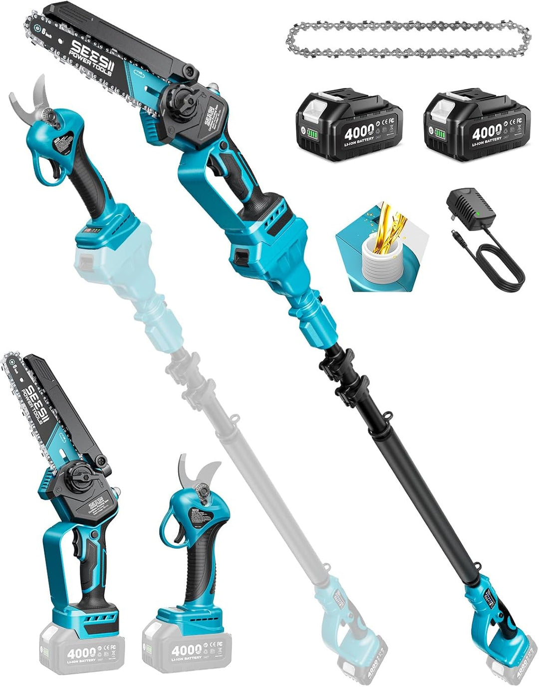 1.5m 21V Pole Battery Shears + Chainsaw - 2 Batteries - طقم منشار + مقص+عصاية