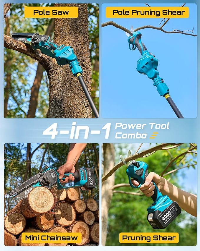 1.5m 21V Pole Battery Shears + Chainsaw - 2 Batteries - طقم منشار + مقص+عصاية