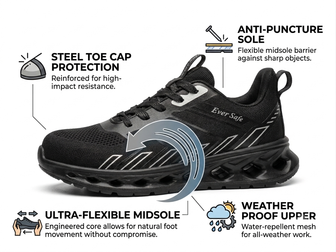 Flexible Safety Shoes Kevlar Plate - حذاء عمال مع حماية اسود