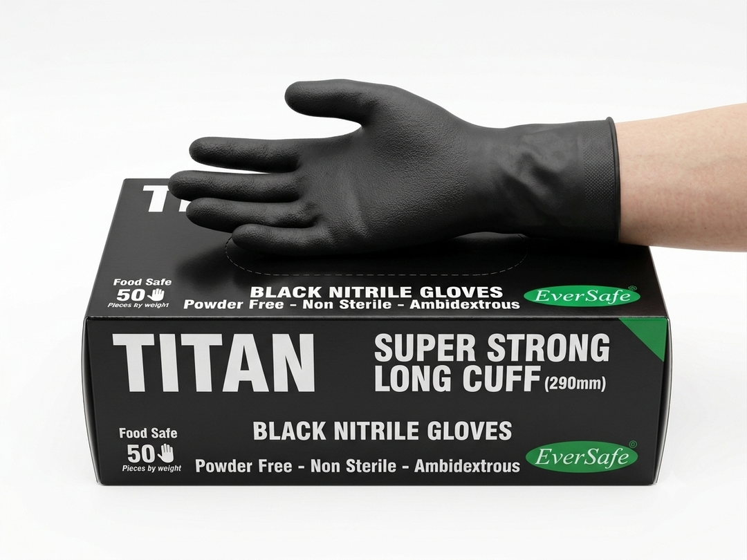 Strong Long Cuff Black Nitrile Gloves (XL) 50Pcs - كفوف نيترايل سودا