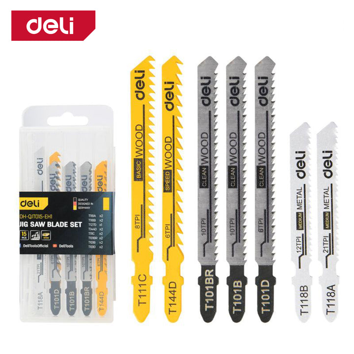 Deli 15Pcs Jig Saw Blade Set (Wood + Metal) -  مجموعة 15 قطعة من شفرات المنشار الكهربائي (خشب + معدن)