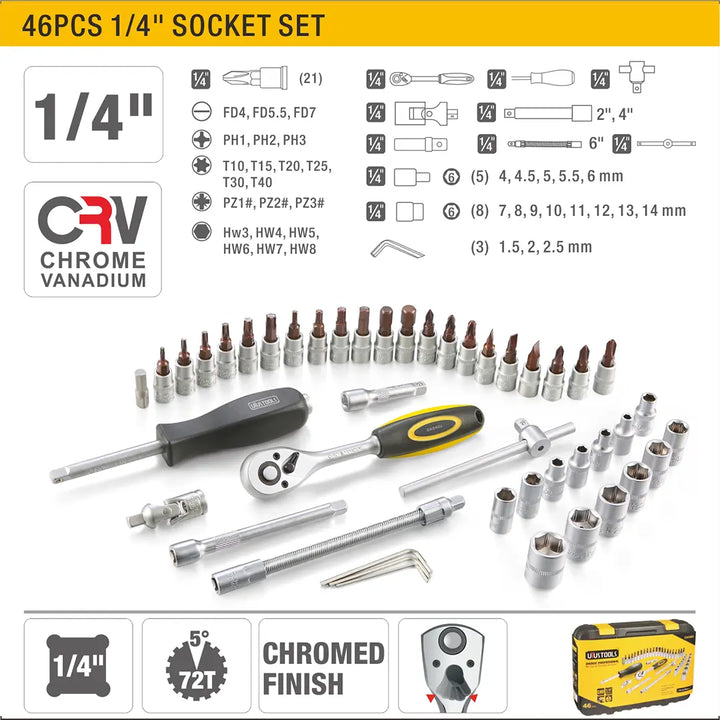 1/4" 46Pcs Socket Set - 46Pcs طقم 1/4" طربوش طقطاق