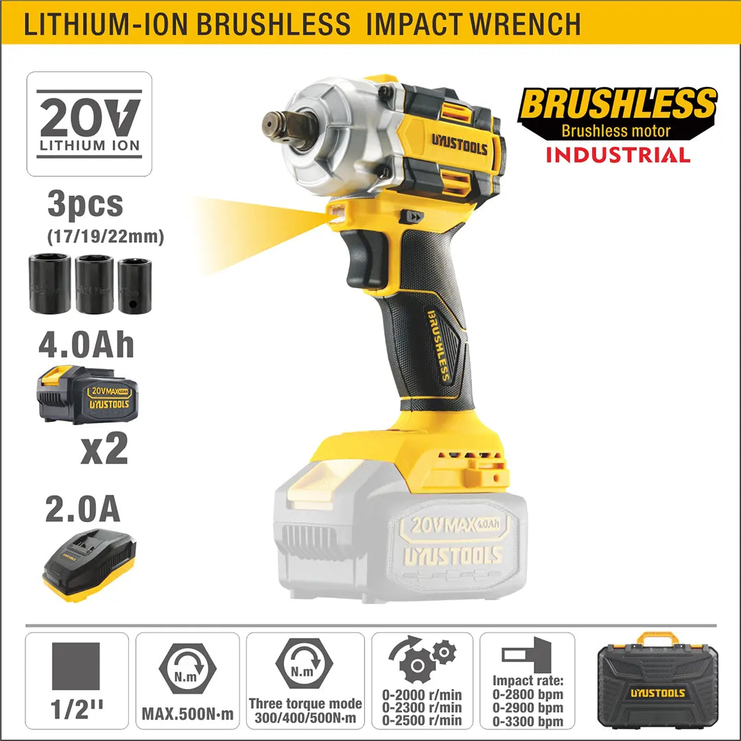 20V Brushless Motor Lithium-ion Impact Wrench 4.0Ah (2) 500N.m - فرد شد طربوش على البطارية