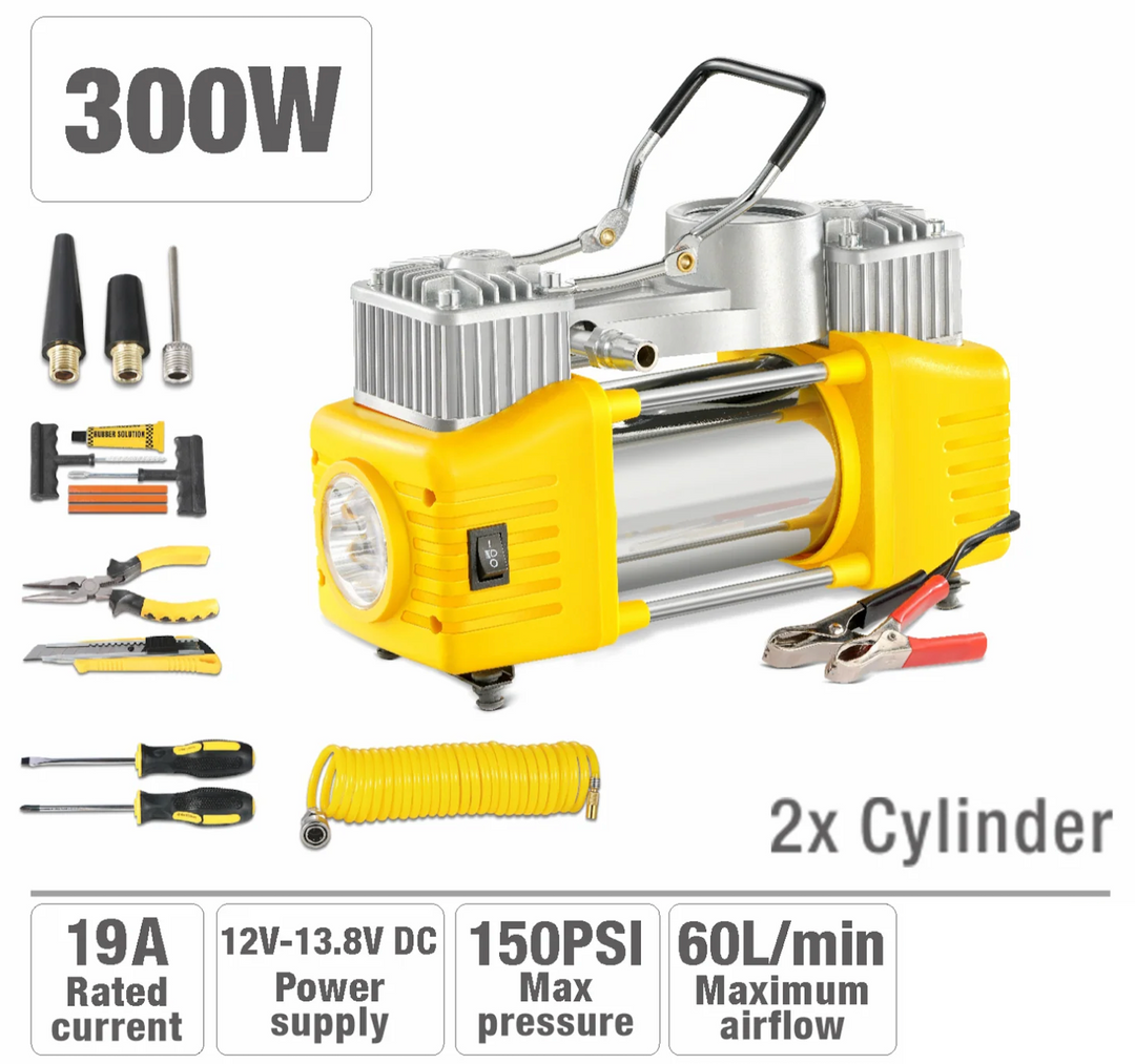 Double Piston Heavy Duty Auto Air Compressor with Tool Set 60L/Min (300W) - كمبريسور هوا دبل بستون للسيارة