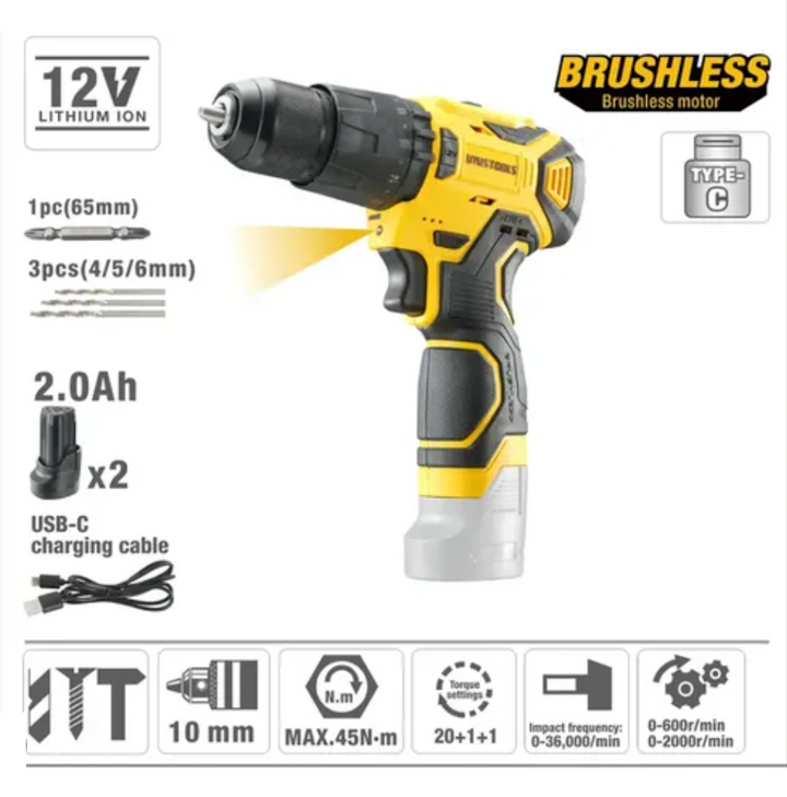 12V Battery Brushless Impact Drill 45N.m (2 Batteries) - مقدح بطاريتين