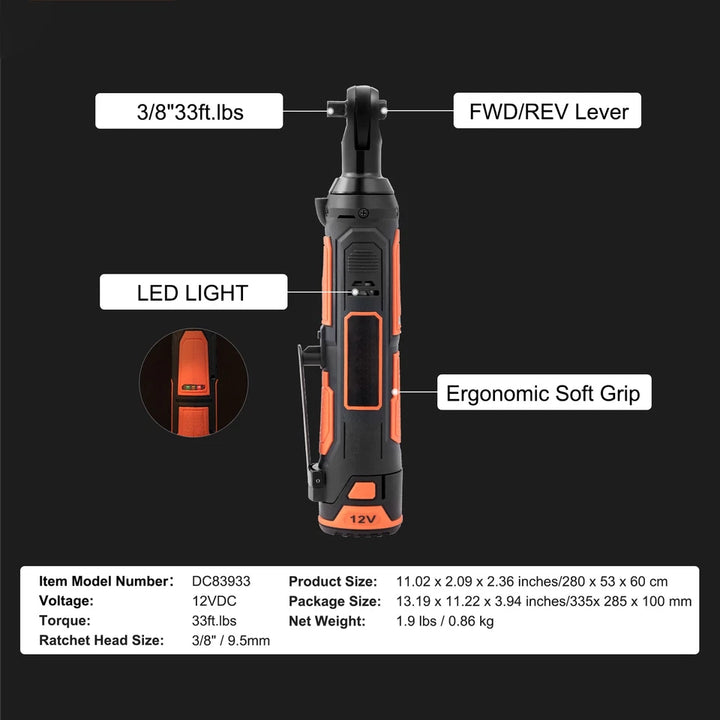 Cordless Brushless Electric Ratchet Wrench 3/8" 12V 2 Batteries - مفكّك ترابيش بطارية